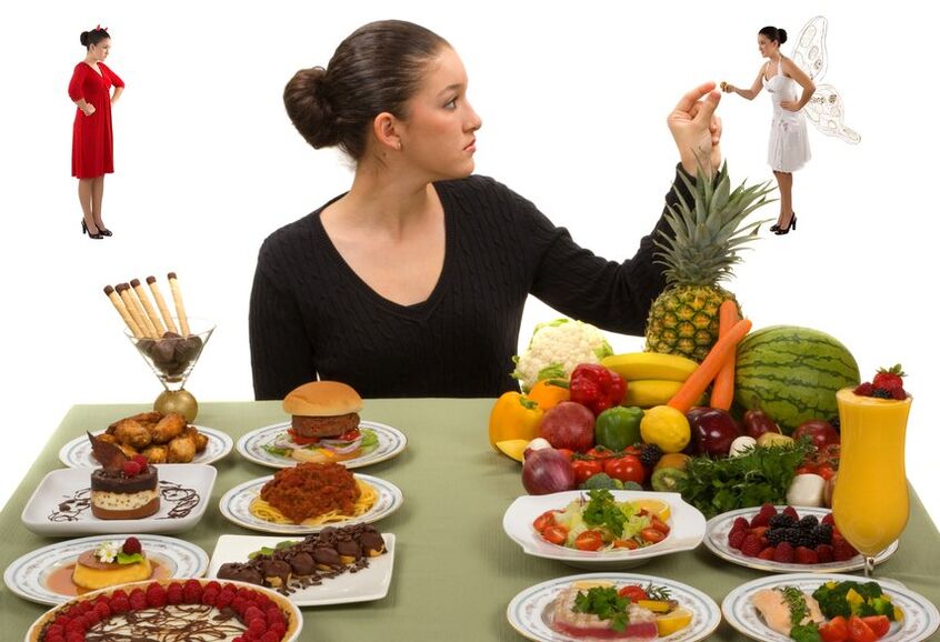 Girl makes a choice between useful or harmful products