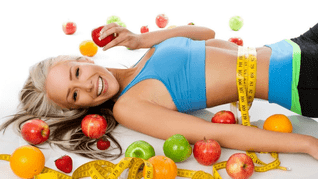 A slender girl with fruit